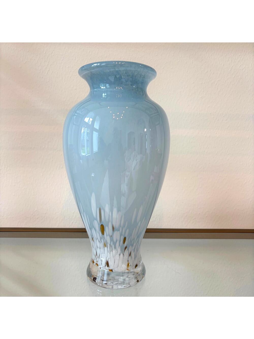 Hand Blown Murano Art Glass Vase 11.5in Blue White Speckled Amber Accents New
